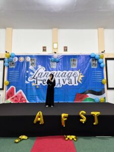 Stage decorated for language festival.