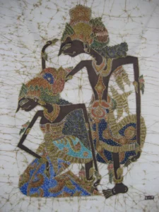 Indonesian Batik painting representing Rama Sinta wayang figures